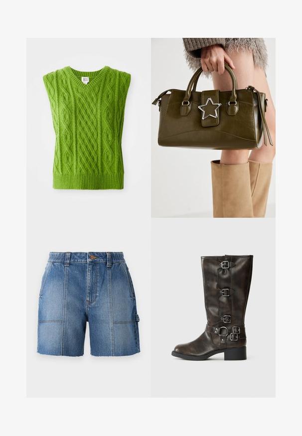 Πράσινο πλεκτό γιλέκο με V-λαιμόκοψη, που διαθέτει υφασμένα σχέδια καλωδίων και ριμπ τελείωμα. Φτιαγμένο από μαλακό, παχύ υλικό.; Μπλε κοντομάνικο πουκάμισο με κουμπιά και λευκές κάθετες ρίγες. Διαθέτει δύο μπροστινές τσέπες και μύτη γιακά. Κατασκευασμένο από ελαφρύ ύφασμα.; Τζιν σορτς σε ανοιχτό μπλε χρώμα με σχισμένο στρίφωμα, που διαθέτουν εφαρμοστό μέσο, θηλιές ζώνης και δύο μπροστινές τσέπες.; Καφέ δερμάτινα μποτάκια μέχρι το γόνατο με πολλές αγκράφες, στρογγυλή μύτη και χαμηλό χοντρό τακούνι. Διαθέτουν υφή και ρυθμιζόμενες λωρίδες.; Ελιάς πράσινη τσάντα χειρός από τεχνητό δέρμα με ασημένια αστέρι, διπλούς ιμάντες και κλείσιμο με φερμουάρ. Υφή επιφάνειας και δομημένο σχήμα.