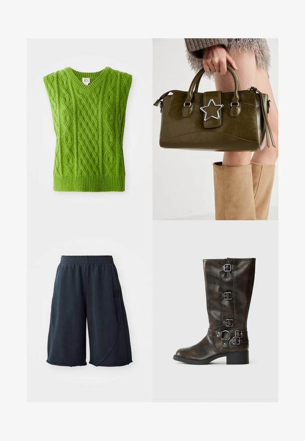 Žalias megztas liemenė su V formos iškirpte, puošta tekstūriniais kabelių raštais ir apmarginta bangelėmis. Pagaminta iš minkštos, storos medžiagos.; Mėlyna trumpomis rankovėmis mygtukinė marškinėliai su baltomis vertikaliomis juostelėmis. Turi dvi priekinės kišenes ir įstrižą apykaklę. Pagaminti iš lengvos medžiagos.; Juodos sportinės šortai iš minkštos medžiagos, su elastinga juosmens juosta ir logotipo etikete šone. Lygi tekstūra, laisvas kirpimas.; Rudos odinės iki kelių botai su keliais sagtimis, apvaliu pirštu ir žemu masyviu kulnu. Yra tekstūruotas paviršius ir reguliuojamos juostos.; Alyvuogių žalios spalvos dirbtinės odos rankinė su sidabro žvaigždės akcentu, dviem rankenomis ir užtrauktuko uždarymu. Tekstūruotas paviršius ir struktūrizuota forma.