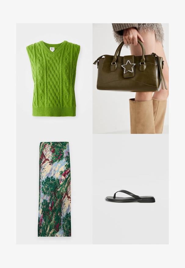 Gilet tricoté vert avec un col en V, présentant des motifs en relief et une finition côtelée en bas. Fabriqué en un matériau doux et épais.; Tissu à motifs représentant une scène de paysage avec des arbres verts, des fleurs rouges, une maison au toit rouge et un ciel bleu. Texture lisse.; Tongs noires en cuir lisse, avec un design de sangle fine et une semelle plate à profil minimal. Aucun motif ou accent notables.; Sac à main en simili cuir vert olive avec accent étoilé argenté, deux poignées et fermeture éclair. Surface texturée et forme structurée.