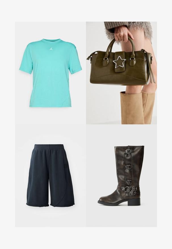 Grön stickad väst med V-ringning, med strukturerade kabelmönster och ribbade kanter. Tillverkad av ett mjukt, tjockt material.; Turkos t-shirt med kort ärm gjord av lättviktig tyg med rund halsringning och en vit Jumpman-logga på bröstet. Har en avslappnad passform.; Svarta sportshorts i mjukt material, med elastiskt midjeband och en logopatch på sidan. Slät yta med en avslappnad passform.; Bruna läderknähöga stövlar med flera spännen, rund tå och låg, kraftig klack. Har en strukturerad yta och justerbara remmar.; Olivgrön konstläderhandväska med silverstjärna som accent, dubbla handtag och dragkedjestängning. Texturerad yta och strukturerad form.