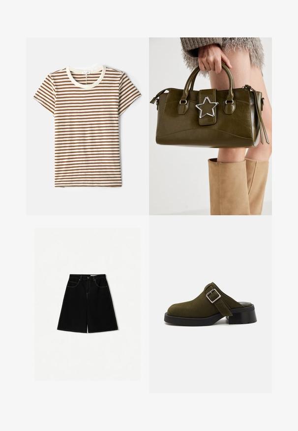 Green knitted vest with a V-neck, featuring textured cable patterns and ribbed hem. Made from a soft, thick material.; Striped t-shirt featuring brown and white horizontal stripes, short sleeves, and a cream-colored crew neck in a soft, textured fabric.; Black denim shorts with a loose fit, featuring five pockets, yellow stitching accents, and a mid-rise waist design.; Olive green suede mule with a low, chunky black heel. Features a side strap with a silver buckle for adjustment. Smooth texture overall.; Olive green faux leather handbag with silver star accent, dual handles, and a zip closure. Textured surface and structured shape.