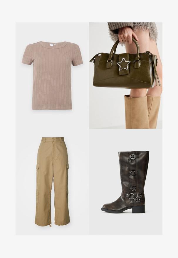 Colete verde tricotado com decote em V, apresentando padrões de cabos texturizados e barra rebitada. Feito de um material macio e espesso.; T-shirt de malha canelada bege de mangas curtas com decote redondo, exibido contra um fundo branco liso.; Camisa azul de manga curta com botões e riscas verticais brancas. Apresenta dois bolsos frontais e um colarinho pontudo. Feita de um tecido leve.; Calças cargo bege com uma cintura alta, pernas largas e quatro grandes bolsos laterais. Feitas de um tecido resistente com uma textura suave e minimalista.; Botas castanhas de couro até ao joelho, com múltiplos fechos de fivela, ponta redonda e um salto baixo e largo. Apresentam um acabamento texturizado e tiras ajustáveis.; Bolsa de mão em pele sintética verde oliva com detalhe de estrela prateada, alças duplas e fecho com zip. Superfície texturizada e forma estruturada.