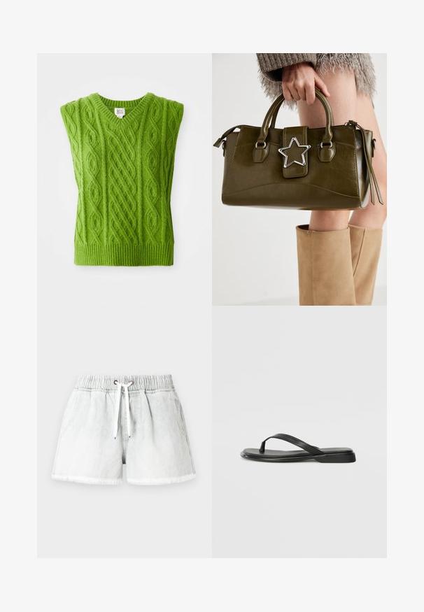 Gilet verde lavorato a maglia con scollo a V, caratterizzato da trame a treccia testurizzate e orlo a costine. Realizzato in un materiale morbido e spesso.; Shorts in denim grigio chiaro con fascia elastica in vita, chiusura con coulisse e orlo sfrangiato. Presentano due tasche laterali e una vestibilità comoda.; Infradito neri in pelle liscia, con un design a fascia sottile e una suola piatta dal profilo minimale. Nessun motivo o accento particolare.; Borsa a mano in similpelle verde oliva con accentatura a stella argentata, manici doppi e chiusura con zip. Superficie testurizzata e forma strutturata.