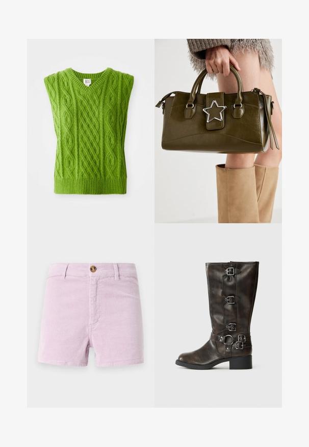 Grøn strikket vest med V-udskæring, der har strukturerede kabelmønstre og ribbet kant. Fremstillet af et blødt, tykt materiale.; Lys lavendel corduroy shorts med knaplukning, der har et tekstureret ribbet design og forlommer, skåret over låret.; Brune læder knæhøje støvler med flere spænder, rund tå og en lav kraftig hæl. Har en tekstureret finish og justerbare remme.; Olivengrønt faux læder håndtaske med sølvstjerne accent, dobbelt håndtag og lynlås lukning. Teksturopfald og struktureret form.