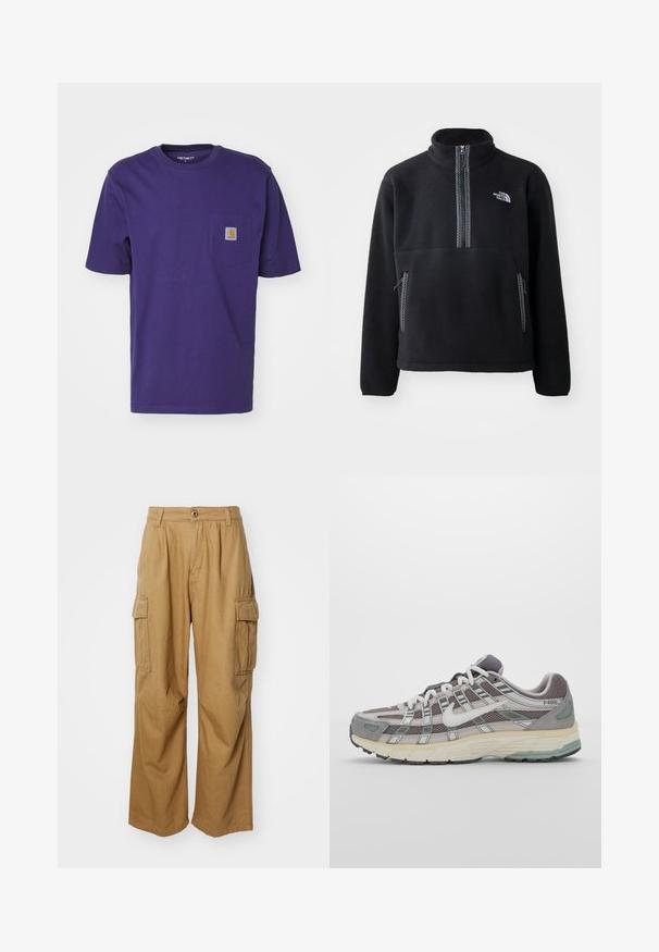 Fekete gyapjú félcipzáros pulóver, magas gallérral, amely tartalmaz egy mellzsebet és két oldalzsebet. A dizájn kontrasztos cipzár részlettel készült.; Carhartt WIP POCKET - Basic póló - aura; Krémszínű cargo nadrág egyenes lábbal, két oldalsó zsebbel és gombos záródással. Puhából és tartós szövetből készült.; Szürke sportcipő, hálós és velúr felsőrésszel, fehér részletekkel, párnázott talppal és jellegzetes dizájnnal, amely visszaverő elemeket tartalmaz.