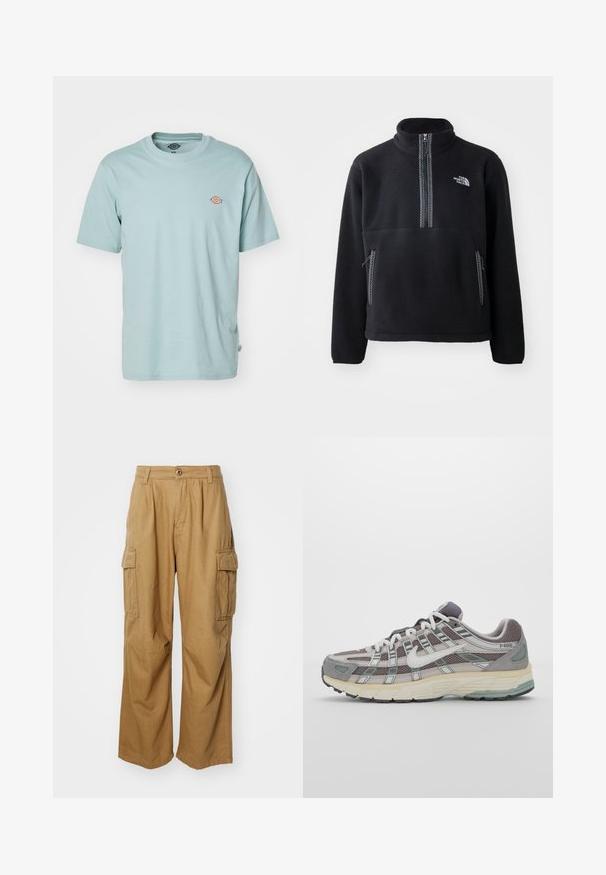 Černý fleecový pulovr na půl zip s vysokým límcem, který má náprsní kapsu a dvě boční kapsy. Design zahrnuje kontrastní detail zipu.; Dickies MAPLETON - Jednoduché tričko - blue surf; Béžové cargo kalhoty s rovnou nohavicí, které mají dvě boční kapsy a zapínání na knoflík. Vyrobené z měkké a odolné tkaniny.; Šedá sportovní obuv s vrchní částí z mikrovlákna a semiše, bílými akcenty, polstrovanou podrážkou a jedinečným designem s reflexními prvky.