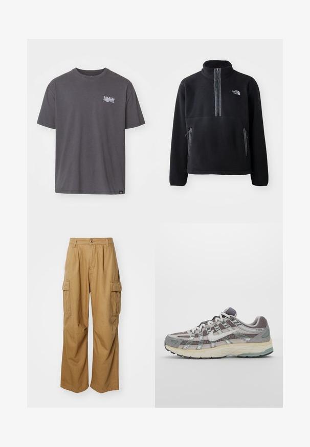 Černý fleecový pulovr na půl zip s vysokým límcem, který má náprsní kapsu a dvě boční kapsy. Design zahrnuje kontrastní detail zipu.; Šedé bavlněné tričko s krátkými rukávy, kulatým výstřihem a malým bílým grafickým potiskem na prsou. Má rovný lem a volný střih.; Béžové cargo kalhoty s rovnou nohavicí, které mají dvě boční kapsy a zapínání na knoflík. Vyrobené z měkké a odolné tkaniny.; Šedá sportovní obuv s vrchní částí z mikrovlákna a semiše, bílými akcenty, polstrovanou podrážkou a jedinečným designem s reflexními prvky.