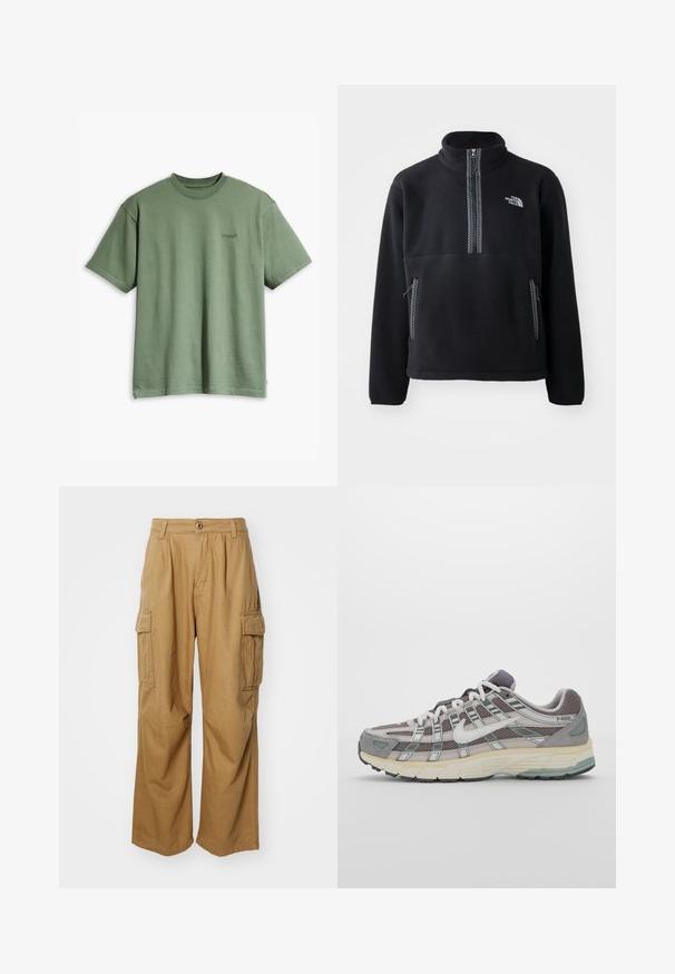 Mustmust poolikitkiga musta fleecematerjalist, millel on kõrge krae, rinna tasku ja kaks küljetaskut. Kujunduses on kontrastne lukku detail.; Oliivroheline puuvillane lühikese varrukaga T-särk ümmarguse kaelusega, millel on vasakul rinnal väike must logo ja sirge alläär.; Kerged püksid sirge lõikega, millel on kaks külgtaskut ja nupuga sulgemine. Valmistatud pehmest ja vastupidavast kangast.; Hallus hallitus jalanõud, millel on võrgust ja sametist ülemine osa, valged rõhutused, pehme tald ning eristuv disain peegelduvate elementidega.