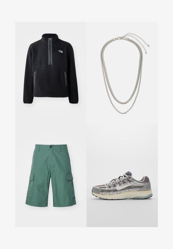 Fekete gyapjú félcipzáros pulóver, magas gallérral, amely tartalmaz egy mellzsebet és két oldalzsebet. A dizájn kontrasztos cipzár részlettel készült.; Zöld cargo sort, textúrált anyagból készült, két oldalsó zsebbel és elöl gombos záródással. Térd felett ér véget, felvarrt szegéllyel.; Szürke sportcipő, hálós és velúr felsőrésszel, fehér részletekkel, párnázott talppal és jellegzetes dizájnnal, amely visszaverő elemeket tartalmaz.; Háromrétegű ezüstszínű fém nyaklánc, letisztult, rugalmas láncokkal, enyhe fényességgel, homárkapoccsal rögzítve és állítható lánccal.