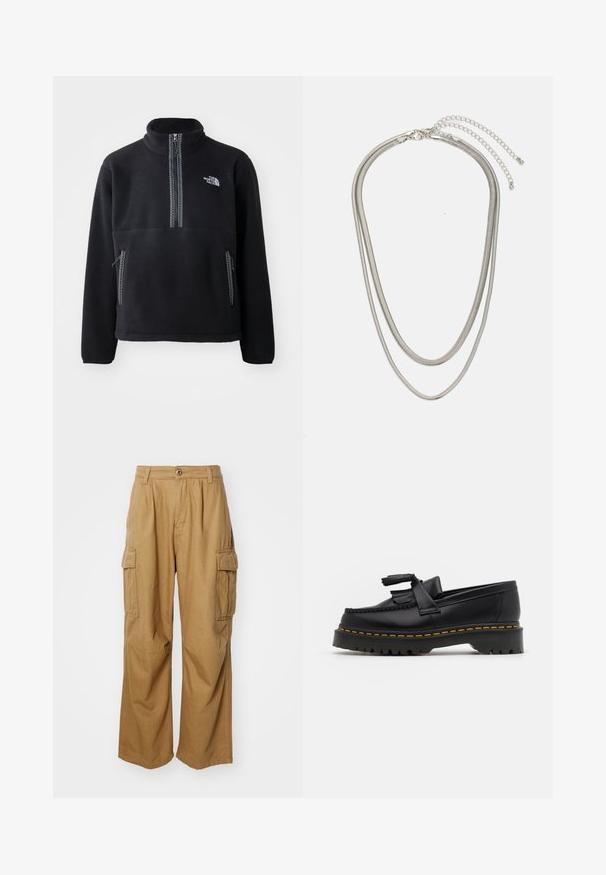 Zwarte fleece half-zip pullover met hoge kraag, voorzien van een borstzak en twee zijzakken. Het ontwerp heeft een contrasterende ritsdetail.; Tan cargobroeken met een rechte pijpdesign, voorzien van twee zijzakken en een knoopsluiting. Gemaakt van een zachte, duurzame stof.; Zwarte leren loafers met een franjesaccent, voorzien van een dikke zwarte zool en gele stiksels langs de rand. Gevoelige afwerking.; Driedelige zilveren metalen halsketting met slanke, flexibele kettingen met een lichte glans, beveiligd met een karabijnhaak en een verstelbare ketting.