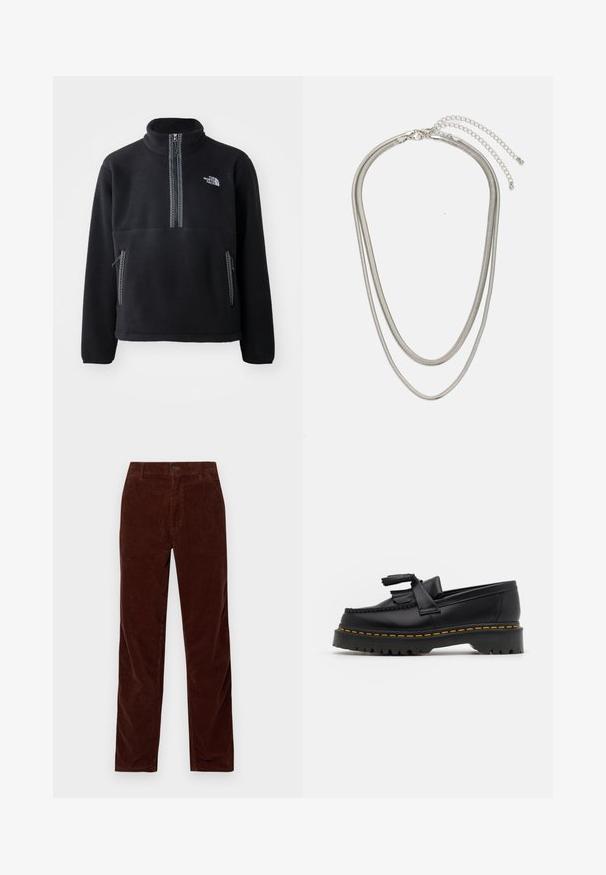 Pulóver de forro polar negro con media cremallera y cuello alto, que cuenta con un bolsillo en el pecho y dos bolsillos laterales. El diseño incluye un detalle de cremallera en contraste.; Carhartt WIP SIMPLE PANT - Pantalones - offroad rinsed; Mocasín de cuero negro con un acento de borlas, que presenta una suela gruesa negra y costuras amarillas a lo largo del borde. Acabado texturizado.; Collar de metal plateado de tres capas que presenta cadenas flexibles y elegantes con un ligero brillo, asegurado con un cierre de langosta y cadena ajustable.