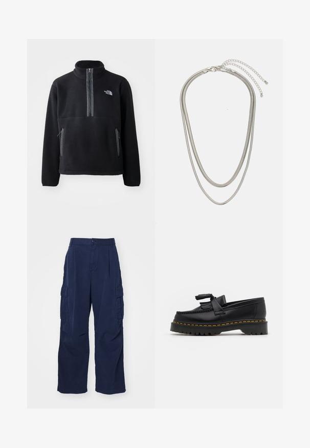 Mustap fleecetakki puolihihalla, jossa on korkea kaulus. Takissa on rintatasku ja kaksi sivutaskua. Suunnittelussa on kontrastivärinen vetoketju.; Laivastonsiniset cargo-housut, jotka on valmistettu puuvillasta ja joissa on rento istuvuus. Ominaisuuksiin kuuluu kaksi sivutaskua ja nappikiinnitys vyötäröllä. Silkkinen pinta ja suorat lahkeet.; Musta nahkakengät, joissa on tupsuakkentti, paksu musta pohja ja keltainen ommel reunassa. Rakeinen pinta.; Kolmikerroksinen hopeametallinen kaulakoru, jossa on tyylikkäitä, joustavia ketjuja, joissa on hieno kiilto. Kaulakoru on kiinnitetty hummerilukolla ja siinä on säädettävä ketju.