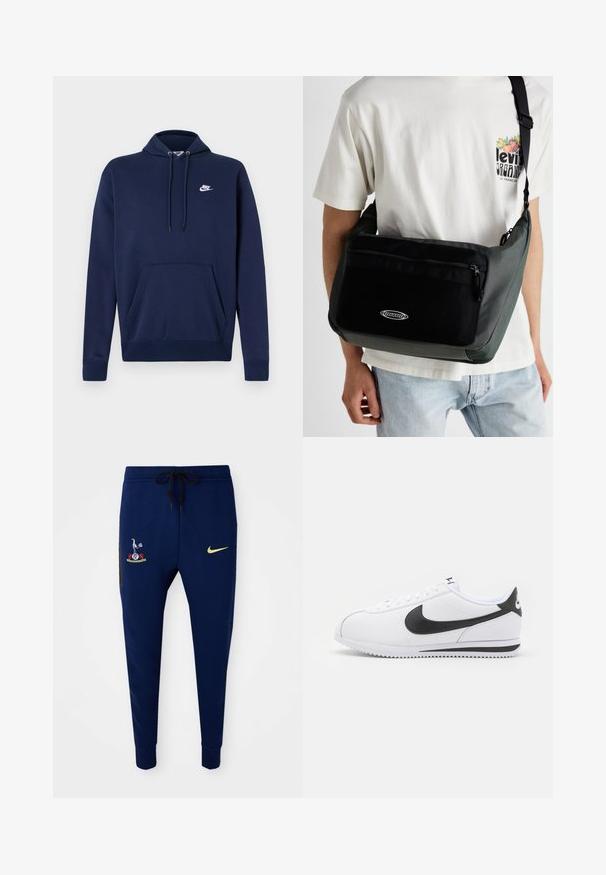 Laivastonsininen huppari, joka on valmistettu puuvillasekoitteesta. Siinä on etutasku ja vasemmassa rinnassa valkoinen kirjailtu logo. Hupussa nyörisäätö.; Laivastonsiniset collegehousut, joissa on kirjailtu logo vasemmalla ylhäällä jalassa ja pieni keltainen Nike-merkki oikealla alhaalla jalassa.; Valkoiset nahkakengät mustalla Nike-logolla, litteät nauhat ja teksturoitu kumipohja. Pyöreä varvastyyny ja pehmustettu kaulus mukavuutta varten.; Olkalaukku mustista ja tummanvihreistä materiaaleista, jossa on teksturoitu etutasku, vetoketjukiinnitys ja logo-yksityiskohta. Sujuva, rento muotoilu.