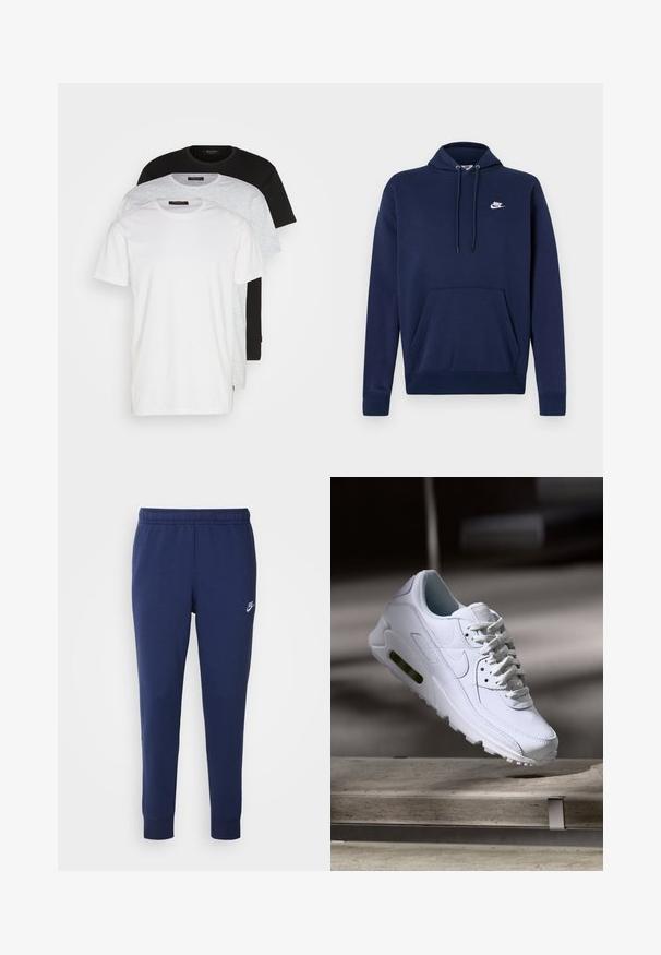 Felpa Nike blu navy con tasca a marsupio, cappuccio con cordino e logo bianco sul lato sinistro del petto. Materiale morbido con polsini a coste.; Tre magliette a girocollo in bianco, grigio chiaro e nero. Realizzate in cotone morbido, con maniche corte e una vestibilità comoda.; Pantaloni da tuta Nike blu navy realizzati in un morbido misto cotone, con vita elastica, gambe affusolate e un piccolo logo bianco sul lato.; Sneaker bianco in pelle con superfici texture, collo imbottito e ammortizzazione d'aria visibile nella suola. Presenta lacci e un design minimalista.