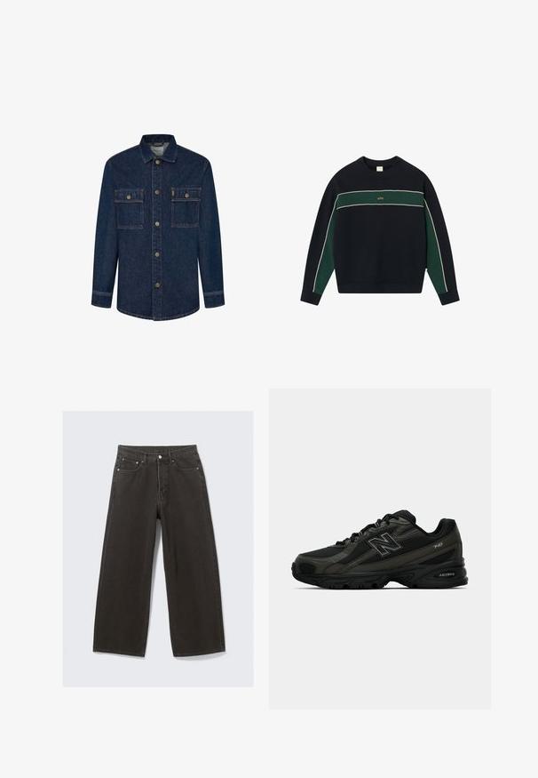 Tumesinine dressipluus rohelise horisontaalse triibuga, valge ääre ja soonikkoes käiste ning kraega; esiküljel on kuldne logo, mis on keskendatud rinnaof.; Tume sinine denim-jakk pikkade varrukatega, kahe rinna tasku ja nööpidega ees. Omab kontrastset õmblust ja kraed.; Valge puuvillane T-särk lühikeste varrukatega, ümmarguse kaelusega ja lõdva lõikega. Sile tekstuur, ilma mustrite ja aktsentideta.; Laiad mustad teksad omavad kõrge vöökoha, viit taskut ja nööbiga sulgemist. Kangas on pehme ja tekstuuriga viimistlusega.; Mustad mustreda spordijalatsid tekstuurse sünteetilise pealmise osaga, millel on pehme tallaga ja silmatorkav "N" logo küljel. Disain sisaldab kergeid võrkkosid.