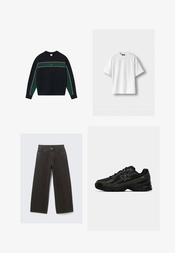 Sweat-shirt marine avec rayure horizontale verte, passepoil blanc, poignets et col côtelés ; présente un logo doré centré sur la poitrine.; T-shirt en coton blanc à manches courtes, col rond et coupe décontractée. Texture lisse, sans motifs ni accents.; Des jeans en denim noir à jambe large présentent une taille haute, un design à cinq poches et une fermeture à bouton. Le tissu a une finition douce et texturée.; Baskets de sport noires avec une tige synthétique texturée, dotées d'une semelle rembourrée et d'un logo "N" bien en vue sur le côté. Le design comprend des sections en maille légère.