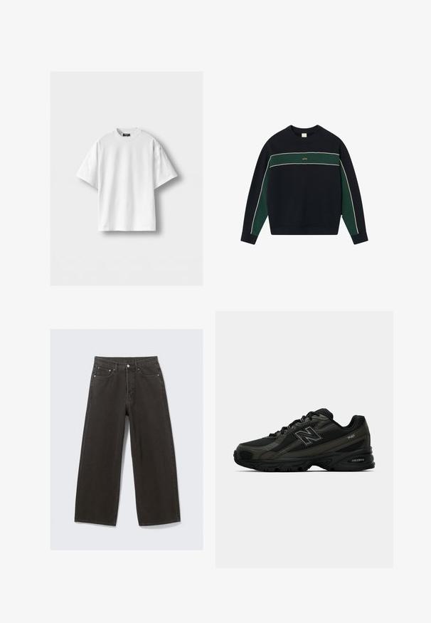 Mørkeblå sweatshirt med grøn vandret stribe, hvid pipinge, ribbede manchetter og krave; har et guld logo centreret på brystet.; Hvid bomulds T-shirt med korte ærmer, rund hals og afslappet pasform. Glat tekstur, ingen mønstre eller accenter.; Olivengrøn jakke lavet af bomuld med knaplukning, spidse kraver og fire lommer. Har en afslappet pasform og blød tekstur.; Bredde ben sorte denim jeans har høj talje, fem-lomme design og knaplukning foran. Stoffet har en blød, tekstureret overflade.; Sorte sportssko med en struktureret syntetisk overdel, der har en polstret sål og prominente "N" logo på siden. Designet inkluderer lette mesh-sektioner.