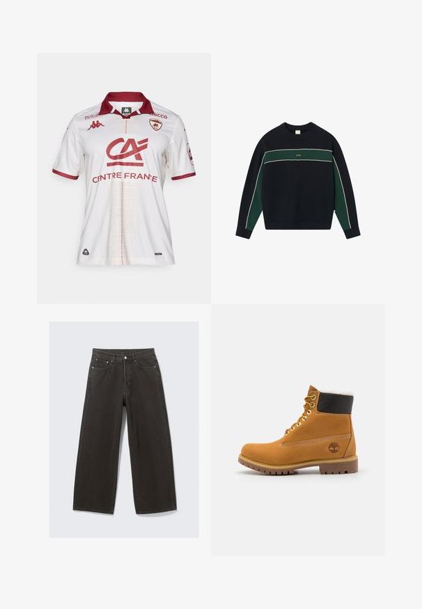 Mornarica pulover s zelenim vodoravnim pasom, belim obodom, rebrastim manžetama in ovratnikom; na sprednji strani se nahaja zlata oznaka na sredini prsnega dela.; Bela nogometna majica z bordo akcenti, ki ima ovratnik, logotipe ekipe in teksturiran vzorec spredaj. Material se zdi zračen.; Široke črne kavbojke iz denima imajo visok pas, design s petimi žepi in zapiranje na gumb. Tkanina ima mehak, teksturiran zaključek.; Rjave usnjene gležnjarje z metalnimi luknjami, belim krznom na notranji strani, črnima oblazinjeno ovratnikom, trdo podplatom in vtisnjenim logotipom na strani.
