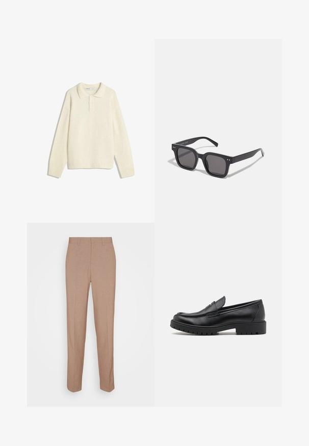 Pulover kremne barve z ovratnikom, zapiranjem na štiri gumbe, širokimi rebrastimi manšetami in robom. Mehka tekstura, sproščen kroj in minimalističen dizajn.; Bež hlače po meri iz gladkega, teksturiranega tkanja. Ravnega kroja z elastičnim pasom brez vidnih okraskov ali žepov.; Črne usnjene loafers čevlje z zaobljenim nosom, brez zadrge, s debelim gumijastim podplatom, ki ima teksturirano površino za dober oprijem. Dviganje pete ter diskretni šivi.; Črne pravokotne sončne očala s temnimi lečami, ki imajo debel okvir, subtilne poudarke na straneh in nobenih vidnih logotipov razen imena blagovne znamke.; Kovinski kvarčni ura s črnim številčnicam, belimi številkami in prikazom datuma. Ima jekleno zapestnico in vodoodpornost do 100 m.