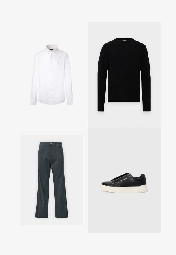 Filippa K SWEATER - Strickpullover - black; Weißes Langarmhemd aus Baumwolle. Verfügt über einen klassischen Button-Down-Kragen, vordere Knöpfe und ein kleines blaues Logo auf der linken Brust.; Schwarze Hose mit geradem Bein, aus einem Baumwollmix. Verfügt über einen Metallknopfverschluss und seitliche Taschen. Keine sichtbaren Muster.; Schwarzer Schlupfschuh aus strukturiertem Lederobermaterial, mit weißer Gummisohle und ohne sichtbare Schnürsenkel. Mit Markenlogo an der Seite.