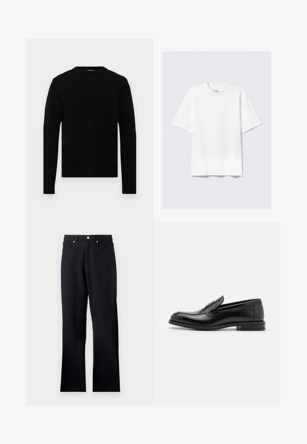 Filippa K SWEATER - Pulover - black; Cămașă T-shirt albă, cu mâneci scurte, de tip relaxat, așezată pe un fundal gri deschis.; Pantaloni negri dintr-un material texturat, cu talie ajustată, două buzunare frontale și croi drept. Accente de metal argintiu incluse.; Mocasini din piele neagră cu o textură netedă, vârf rotund și o curea decorativă peste partea superioară. Toc mic, design minimalist.