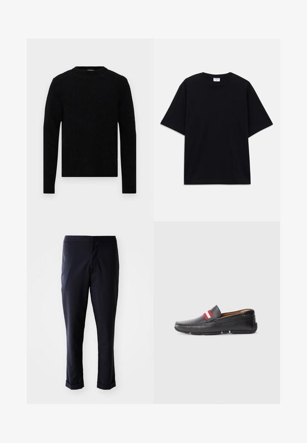 Filippa K SWEATER - Džemper - black; Must t-särk, lühikeste varrukatega, üle mõõdu, ümmarguse kaelusega ja nähtava Filippa K brändi sildiga kaelas.; Tumesinased püksid, millel on sile kangas, sirge lõige, keskmise kõrgusega vöökoht ja üles keeratud sääred. Ei ole märgatavaid taskuid ega riistvaradetaile.; Mustmust nahk kingad, millel on tekstureeritud pind, punase ja valge triibuga aksent peal, ümar varvas ja kummist talla.