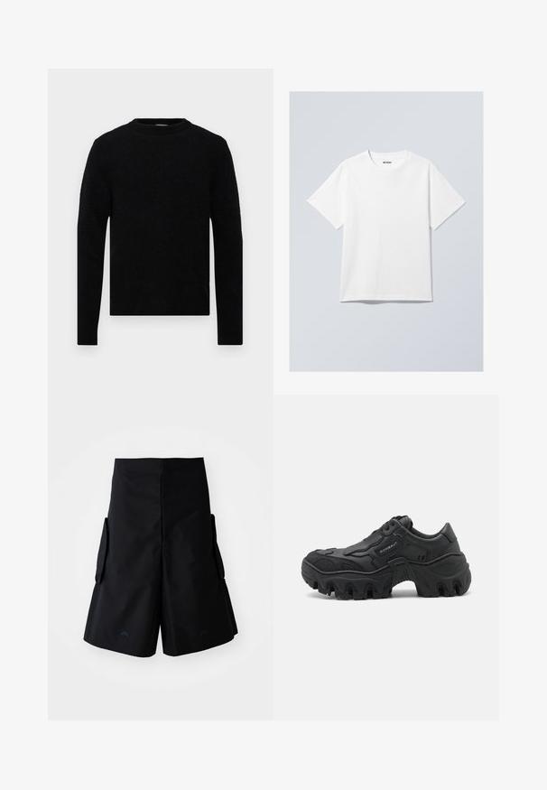 Filippa K SWEATER - Jumper - black; White cotton t-shirt with a crew neck, short sleeves, and a relaxed fit. Features a brand label reading "WEEKDAY" on the neckline.; A-COLD-WALL* FORM SHORT - Shorts - black onyx; Black chunky sneaker with thick lug sole, textured side overlays, lace-up front, and brand name "ROMBAUT" on the side panel.