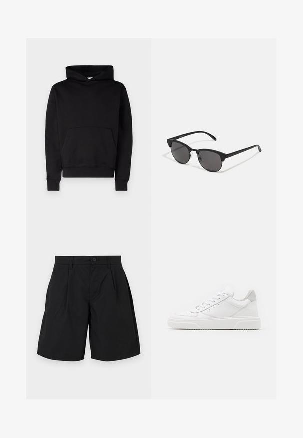 Black hoodie made of soft fabric, featuring a kangaroo pocket, ribbed cuffs, and a drawstring hood. No patterns or logos visible.; Black shorts made of smooth fabric, featuring a button closure, two front pleats, and side pockets with a relaxed fit and straight hem.; White leather sneakers with a smooth finish, rounded toe, flat laces, and a textured sole. Grey suede accent at the heel.; Black sunglasses with round lenses, matte finish, and distinctive cat-eye shape. Slim arms with subtle branding on the left temple.