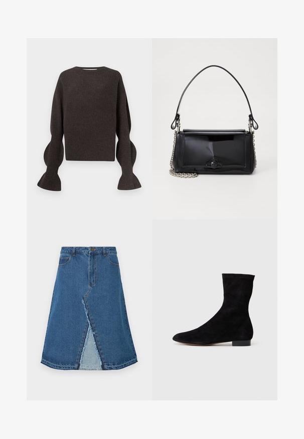 Pull en tricot marron foncé avec un col rond, des manches ballon et une texture côtelée. Présente un design court et une légère transparence.; Jupe en denim bleu avec une forme évasée, présentant une fente à l'avant et un ourlet effiloché. Design classique à cinq poches et fermeture à bouton métal.; Bottine en suede noir avec une tige ajustée, un bout pointu et un petit talon bloc. Texture lisse et design minimaliste, adaptée à un styling polyvalent.; Sac à main en cuir verni noir de forme rectangulaire, avec une chaîne en bandoulière et un accent matériel distinctif au centre. Texture lisse.
