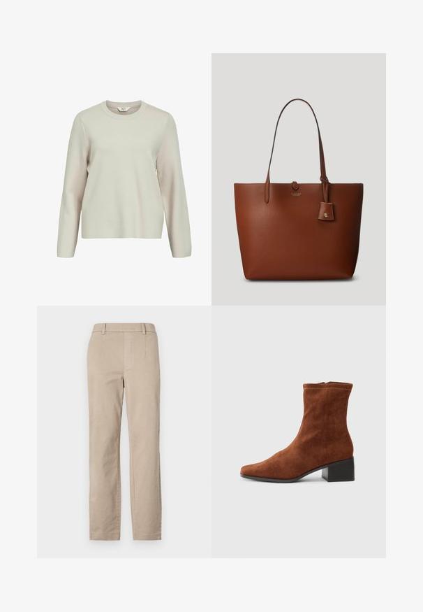 Light beige long-sleeve sweater with a round neck. Made from textured knit material, featuring slightly dropped shoulders and a relaxed fit.; Beige cotton trousers with a straight leg design, featuring belt loops and no visible embellishments or patterns.; Brown suede ankle boot with a square toe and low block heel, side zipper closure, shown in profile on a white background.; Brown pebbled leather tote bag with two handles, a small attached tag, and a subtle logo on the front. Smooth texture with structured shape.