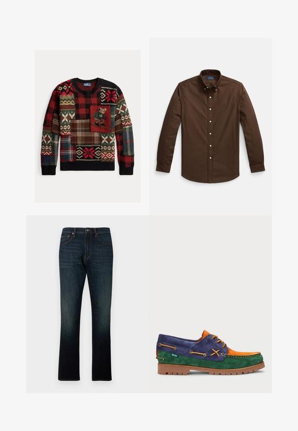 Pull tricot multicolore présentant plusieurs motifs patchwork en rouge, vert et noir, avec un col rond et un tissu texturé.; Chemise en coton marron à boutons, avec col, manches longues et boutons blancs. Présente une broderie de logo sur la poitrine.; Jean en denim bleu foncé à jambe droite avec fermeture à bouton et zip à l'avant, couture visible et design à cinq poches.; Chaussure bateau en suede avec des sections bleues, oranges et vertes. Semelle en caoutchouc marron avec lacets et couture décorative. Marque Polo sur le côté.