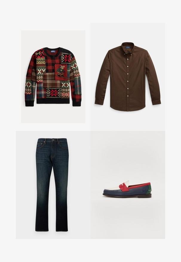 Večbarven pleteni pulover z različnimi vzorci našitkov v rdeči, zeleni in črni barvi, z okroglim izrezom in teksturirano tkanino.; Rjava bombažna srajca na gumbe z ovratnikom, dolgimi rokavi in belimi gumbi. Na prsih je izvezena logotip.; Temno modri trije hlače iz denima s sprednjim gumbom in zadrgo, vidnim šivanjem in petimi žepi.; Loaferji imajo bel prst, rdeč okrasni trak, modro telo in zeleno peto. Gladka usnja s kontrastnim šivanjem in nizkim profilom.