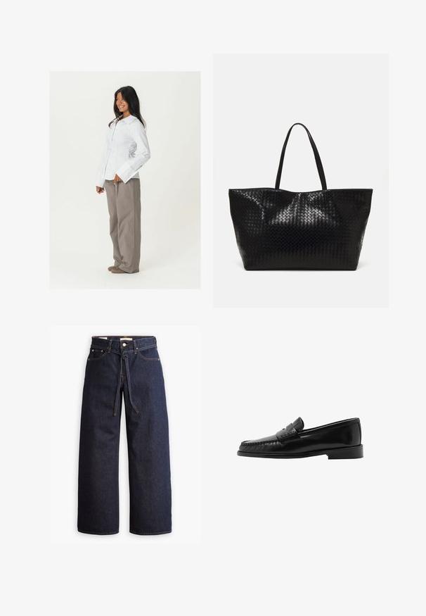 Light cream-colored sweater with long sleeves, round neckline, and ribbed hem. Made from a soft material, featuring a smooth texture.; White button-up shirt with long sleeves and wide cuffs paired with loose, light brown trousers. Smooth fabric texture, no visible patterns.; Wide-leg dark blue denim jeans with a high waist, featuring a drawstring tie, five pockets, and contrasting stitching details.; Black leather loafer with a curved silhouette, decorative strap, textured stitching, and a flat rubber sole. Smooth finish and sleek design.; Black woven tote bag with two sturdy handles, featuring a glossy texture and a spacious open top design.