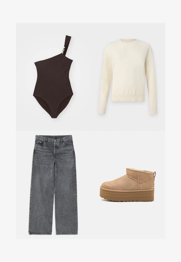 Lys cremefarvet sweater med lange ærmer, rund halsudskæring og ribbenet kant. Lavet af et blødt materiale med en glat tekstur.; Brun ensidig badedragt lavet af ribbet stof med en guldaccent på stroppen. Har en højudskæring i benene og en tætsiddende pasform.; Bredde ben jeans i mørkegrå denim. Har høj talje, fem lomme design og forneden knaplukning. Glat tekstur med subtil fading.; Beige ruskinds ankelstøvler med et blødt indre, der har en platformssål og en strop bagpå for nem påtagning. Tekstureret gummisål.