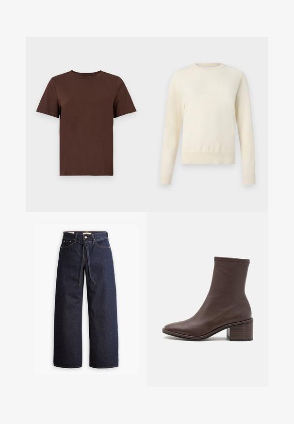 Világos krémszínű pulóver hosszú ujjakkal, kerek nyakkivágással és bordás aljjal. Puha anyagból készült, sima textúrával.; Pieces PCRIA SOLID TEE - Basic póló - chicory coffee; Széles lábú, sötétkék farmernadrág magas derékkal, húzózsinórral, öt zsebbel és kontrasztos varrással.; Loeffler Randall ROXY STRETCH - Klasszikus bokacsizmák - espresso