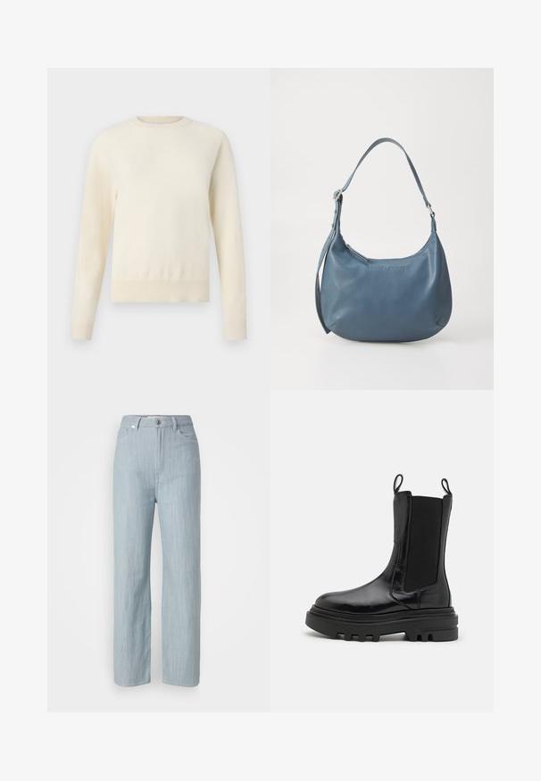 Svetlý krémový sveter s dlhými rukávmi, okrúhlym výstrihom a rebrovaným spodným okrajom. Vyrobený z mäkkého materiálu s hladkou štruktúrou.; Svetlomodré džínsy rovného strihu vyrobené z denimu. Majú päť vreciek, kovové zapínanie na gombík a jemné žmolkovanie pre textúru.; Čierne kotníkové topánky s lesklým koženým povrchom, elastickými postrannými panelmi, ťahacími pútkom a hrubou, textúrovanou gumovou podrážkou. Masívny dizajn, elegantný silueta.; Modrá kožená kabelka s oblým tvarom, jedným ramenným popruhom, zipsovým uzatváraním a embosovaným názvom značky na prednej strane. Hladká textura.