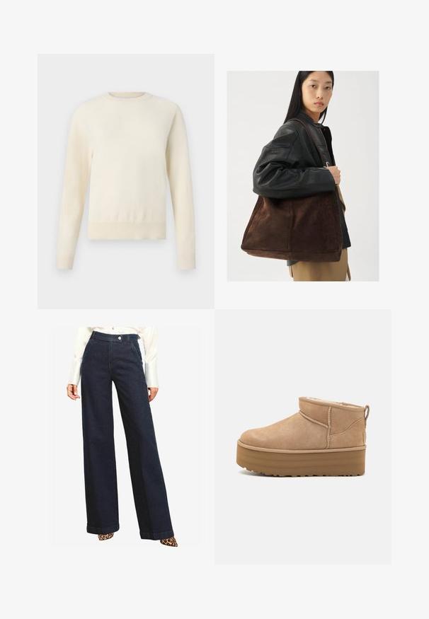 Hele kreemikaalune sviiter pikade varrukatega, ümmarguse kaelusega ja ribaga äärisega. Valmistatud pehmest materjalist, millel on sile tekstuur.; Tumed sinine laiad denim püksid kõrge vöökoht ja eesnepp. Omavad küljetaskuid ja puhta viimistlusega ääret.; Bež nubukist kängad pahkluudele, millel on pehme sisemus, platvormitald ja seljal kergesti tõmbamiseks mõeldud kinnitustuli. Tekstuuriga kummitald.; Pruun suede totes kott laia kujuga ja pehme tekstuuriga, millel on üks rihm ja minimaalne riistvara neutraalses taustas.