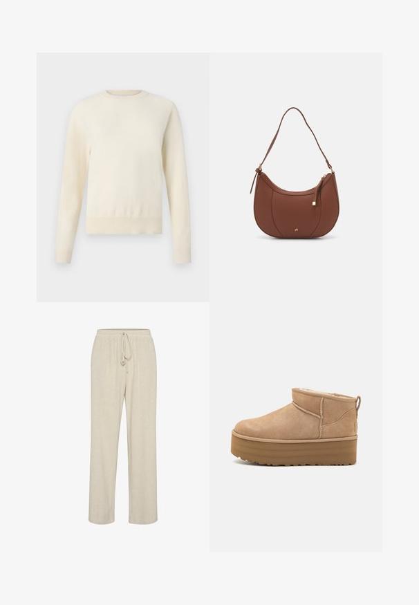 Šviesiai kreminės spalvos megztinis su ilgomis rankovėmis, apvaliu iškirpimu ir raukšlėtu apvadu. Pagamintas iš minkštos medžiagos, pasižymi lygiu paviršiumi.; Bežiniai lino kelnės su elastingu juosmeniu ir reguliuojama raišteliu, turinčios tiesaus kirpimo dizainą ir subtilią tekstūrą.; Bežiniai zomšiniai aukštakulniai batai su pūkuotu vidumi, turintys platformos padas ir traukimo kilputę gale patogiam užsimovimui. Tekstūruotas guminis padas.; Ruda dirbtinės odos petinė piniginė su kreiva forma, minimalia siuvimo linija ir auksinės spalvos įranga. Yra užtrauktuko uždarymas viršuje ir reguliuojama petneša.