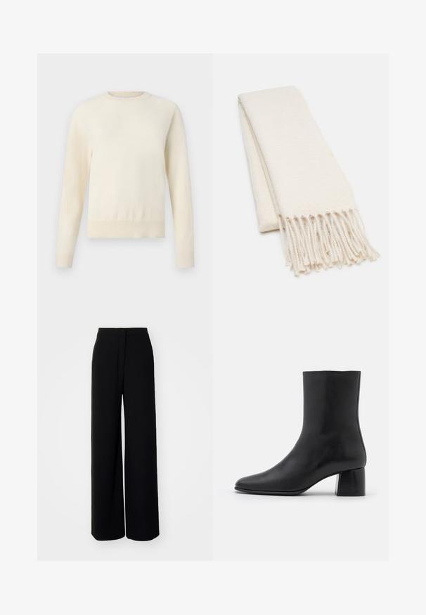Svetlý krémový sveter s dlhými rukávmi, okrúhlym výstrihom a rebrovaným spodným okrajom. Vyrobený z mäkkého materiálu s hladkou štruktúrou.; Čierne široké nohavice s vysokým pásom, hladkou tkaninou, predným zapínaním na gombík a bez viditeľných vreciek, s priliehavým strihom.; Čierna kožená členková čižma s špicatou špičkou a masívnym štvorcovým podpätkom. Hladká textura s bezšvovým dizajnom a minimalistickým prešívaním.; Biely šál s textúrovaným vzorom, ktorý má strapcové konce. Materiál vyzerá jemne a ľahko, elegantne preložený na vystavenie.; Čierna taška na rameno vyrobená z textúrovaného materiálu, s dvoma dlhými uchami a jednoduchým, minimalistickým dizajnom bez viditeľného kovania.