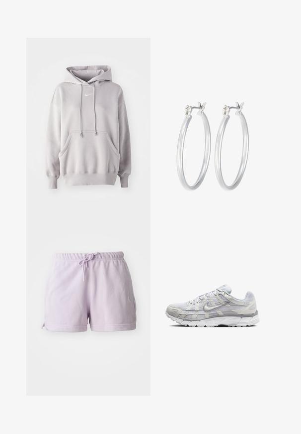 Ljusgrå bomullshuvtröja med känguruficka, justerbara snören och en liten vit logotyp på bröstet. Mjuk textur, avslappnad passform.; Kortärmad T-shirt i ljusrosa, tillverkad av mjukt material. Har rundad halsringning och korta ärmar med en liten vit Nike-logotyp på bröstet.; Lila bomullsshorts med elastiskt midjeband, dragsko och sidofickor. Har en vit Jordan-logotyp på vänster lår.; Ljust grå sportskor med ovandel i mesh och syntetmaterial, med snörning, vadderad krage och texturerad sula för grepp.; Silverfärgade hoopörhängen med en slät, polerad yta. Rund form och säker klickstängning. Lättviktig design som passar för vardagligt bruk.