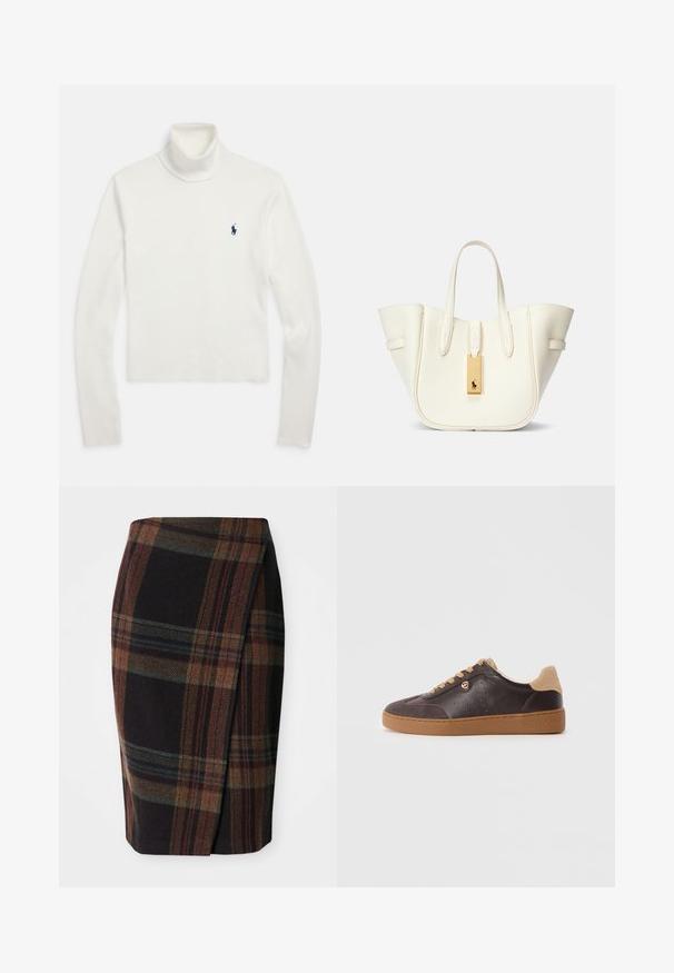 Balts garroku turtlenecka džemperis ar mazāku tumši zilu polo spēlētāja logotipu kreisajā krūtīs.; Tartāna zīmulis svārki tumšās krāsās ar horizontālām un vertikālām rakstu zīmēm. Izgatavoti no vilnas, ar sānu plēsi, lai atvieglotu kustības.; Tumši brūns ādas un zamšādas sporta apavi ar brūnām šņorēm un zoli, zelta logotipa akcenti un "Michael Kors" iegravēts uz zoles.; Balta ādas somiņa ar strukturētu formu, izteiksmīga šuvju apdare, zelta aksesuārs un divi rokturi. Tekstūrēta virsma ar sānu kabatām.