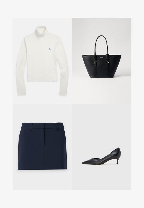 Pull à col roulé à manches longues blanc avec un petit logo joueur de polo bleu marine sur le côté gauche de la poitrine.; Jupe bleu marine en tissu lisse, dotée d'une taille, d'une ouverture à l'avant et de lignes épurées sans poches ni embellissements.; Escarpin en cuir noir avec un bout pointu et un talon bas. Présente une texture lisse et un éclat subtil. Découpe ouverte à l'avant pour un détail supplémentaire.; Sac fourre-tout en cuir noir avec finition texturée, forme allongée, doubles poignées et accents en métal doré.