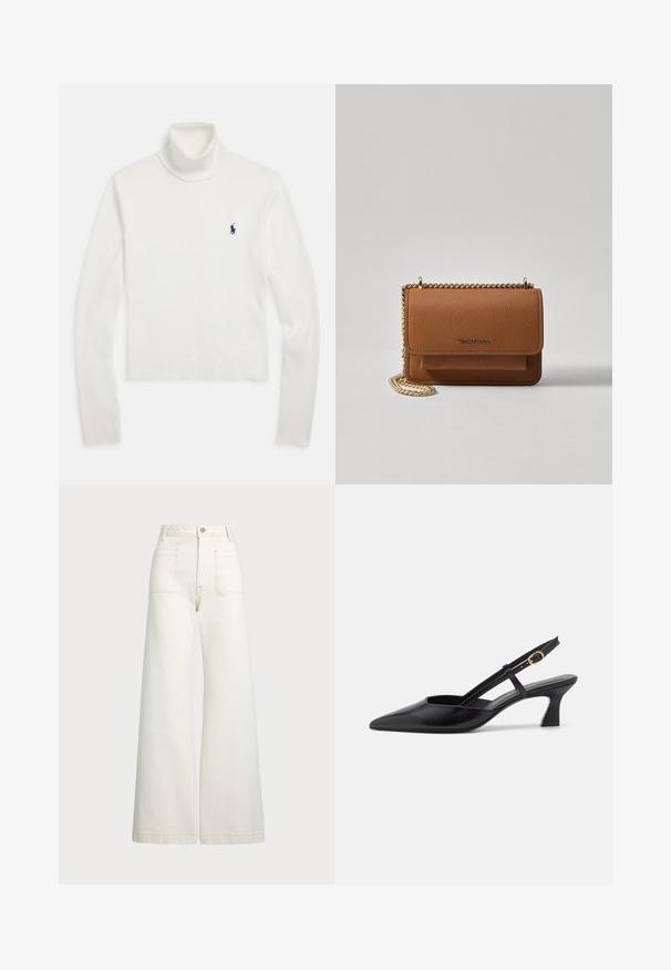 Valkoinen pitkähihaisen poolokauluksinen neulepaita, jossa vasemmassa rinnassa pieni tummansininen polo-pelaajan logo.; Reisitaskuhousut vaaleanvalkoisesta denimestä. Korkea vyötärö, napitus, kaksi etutaskua ja kontrastiväriset ompeleet.; Musta nahkainen slingback-kengät, joissa on terävä kärki, matala korko ja säädettävä hihna, jossa on kultainen rengaskoriste. Sileä texture ja minimalistinen muotoilu.; Ruskean teksturoidun nahkasta valmistettu crossbody-laukku, jossa on kultaketjuhihna ja läppäkiinnitys. Edessä on logodetail ja tasku läppäisen alla.