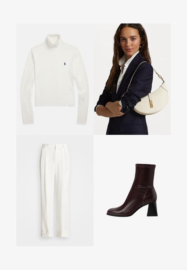 Maglione bianco a maniche lunghe con collo alto e piccolo logo di un giocatore di polo blu navy sul petto sinistro.; Pantaloni bianchi su misura con due pieghe frontali, taglio dritto e orli piegati. Realizzati in tessuto liscio, presentano un design classico.; Stradivarius BLOCK - Stivaletti - dark red; Borsa a mano bianca in pelle con forma curva, accessori in oro e finitura testurizzata, indossata sopra un blazer scuro e una camicia bianca.