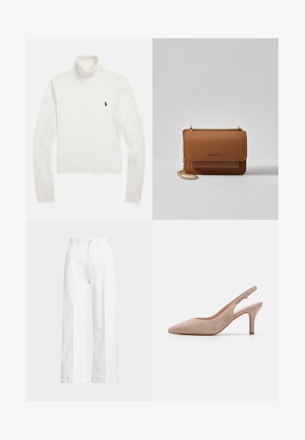 Camisola branca de gola alta de manga longa com um pequeno logo de jogador de pólo azul-marinho no lado esquerdo do peito.; Calças brancas de perna larga com uma cintura alta, apresentando um fecho de botão e detalhes de costura discreta. Feitas de algodão com uma textura suave.; Sapato de salto alto slingback em camurça bege suave, bico fino, salto esguio e tira ajustável no tornozelo com fivela redonda.; Bolsa crossbody de couro texturizado castanho com alça de corrente dourada e fecho com aba. A parte da frente apresenta detalhe do logótipo e um bolso sob a aba.