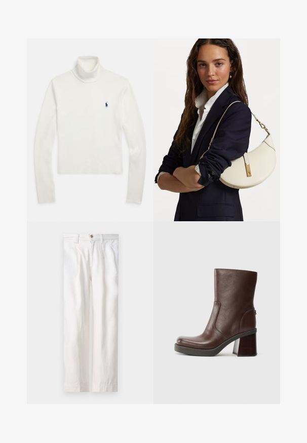 Pulover alb cu mâneci lungi și guler înalt, cu un mic logo al unui jucător de polo albastru închis pe partea stângă a pieptului.; Pantaloni albi din bumbac, cu croi lejer, având picior drept, pliuri subtile și un singur buton metalic la talie.; Botine din piele maro până la glezna cu vârf rotunjit, textură fină și toc din lemn gros. Detaliu pe o parte și un luciu subtil.; Geantă din piele albă cu o formă curbată, dotată cu accente aurii și o finisare texturată, purtată peste un sacou închis la culoare și o cămașă albă.