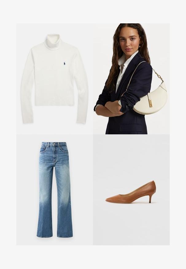 Bijeli dolčevita džemper s dugim rukavima i malim tamnoplavi logotipom igrača polo na lijevoj strani prsa.; Svijetloplave traperice visokog struka, sa širokim nogavicama, izblijeđenom teksturom, pet džepova i metalnim kopčanjem.; Lauren Ralph Lauren ADRIENNE - Klasične cipele s visokom petom - deep saddle tan; Bijela kožna torba sa zakrivljenim oblikom, zlatnim detaljima i teksturiranom površinom, nošena preko tamnog sakoa i bijele košulje.