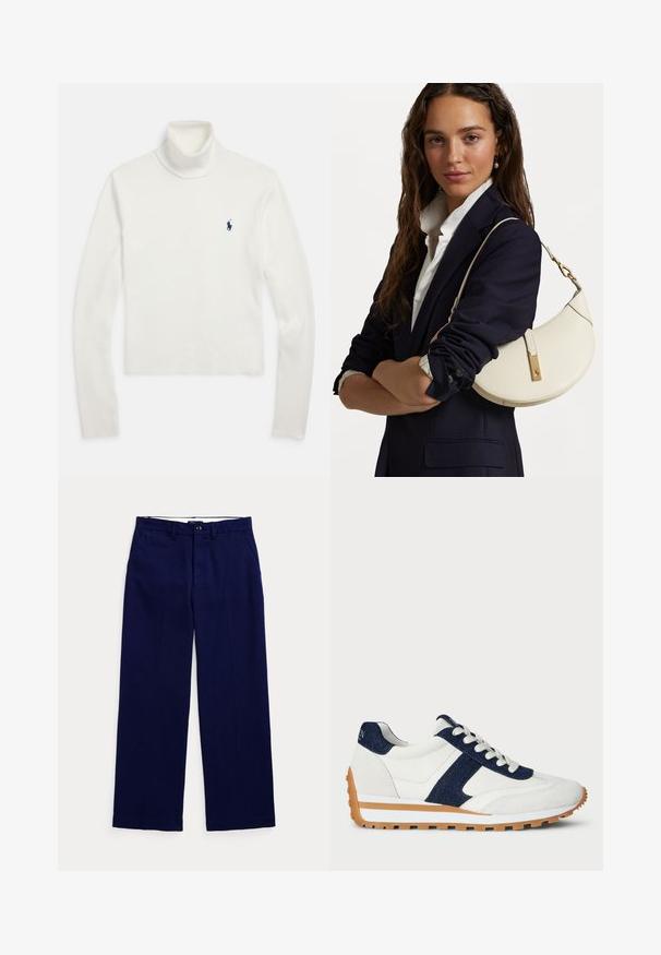 Camisola branca de gola alta de manga longa com um pequeno logo de jogador de pólo azul-marinho no lado esquerdo do peito.; Calças de perna reta em azul-marinho, com passantes para cinto, fecho com botão e bolsos laterais, em um fundo claro liso.; Sapatilha branca com detalhes em denim azul e camurça. Apresenta um upper texturizado, colarinho almofadado, fecho de atacadores e uma sola de borracha contrastante.; Bolsa de mão de couro branco com forma curva, material dourado e acabamento texturizado, usada sobre um blazer escuro e uma camisa branca.