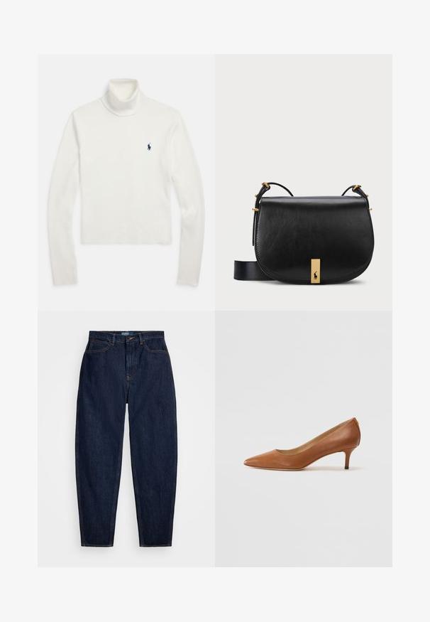 Camisola branca de gola alta de manga longa com um pequeno logo de jogador de pólo azul-marinho no lado esquerdo do peito.; Jeans em denim azul escuro com um corte reto, apresentando costuras laranja, fecho frontal com botão e cinco bolsos.; Lauren Ralph Lauren ADRIENNE - Saltos clássicos - deep saddle tan; Bolsa cruzada em couro preto com um detalhe em metal dourado e correia ajustável, apresentando uma textura lisa e forma curvada.
