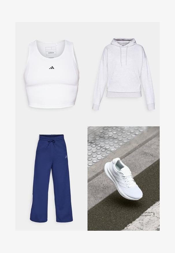 Light grey hoodie made of soft fabric, featuring a front kangaroo pocket, drawstring hood, and ribbed cuffs and hem. Logo centered on the chest.; White athletic crop top made of lightweight, breathable fabric. Features mesh side panels and black embroidered logo on the chest.; Navy blue sweatpants with a drawstring waist and side white stripes. Made from soft fabric with a relaxed fit; features the Adidas logo.; White athletic shoe featuring a mesh upper, lace-up design, and textured sole. Subtle branding and seamless construction details visible.